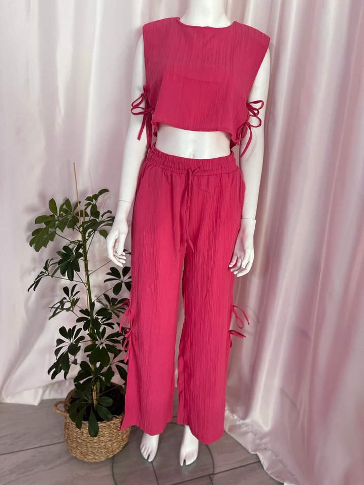 Pembe Pilili Bol Kesim Keten Kadın ikili takım - Görsel 3