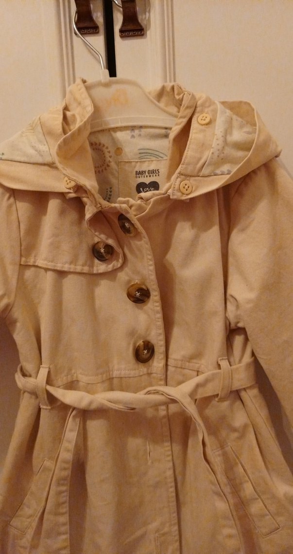 Bej Kız Çocuk Keten Düğmeli Trençkot - Görsel 2