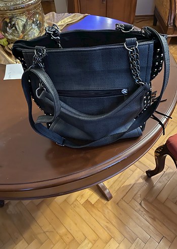 Püsküllü Siyah Gri Deri Kadın Çanta - Görsel 3