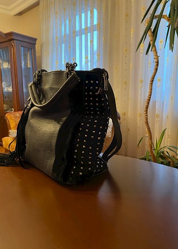 Püsküllü Siyah Gri Deri Kadın Çanta - Görsel 2