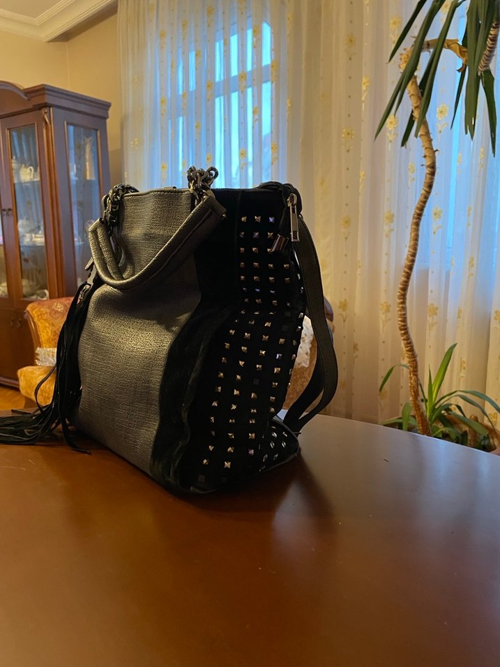 Püsküllü Siyah Gri Deri Kadın Çanta - Görsel 2