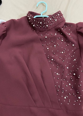 Bordo Uzun Kollu Drapeli Abiye Elbise - Görsel 4