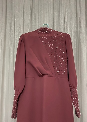 Bordo Uzun Kollu Drapeli Abiye Elbise - Görsel 2