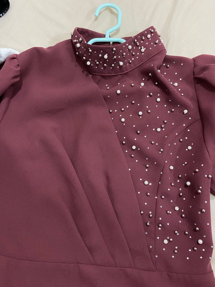 Bordo Uzun Kollu Drapeli Abiye Elbise - Görsel 4