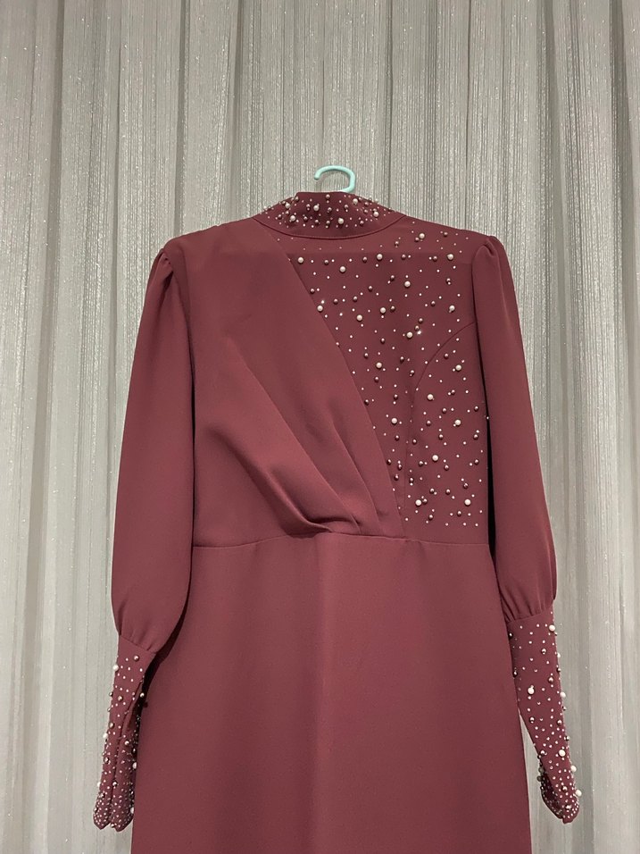 Bordo Uzun Kollu Drapeli Abiye Elbise - Görsel 2