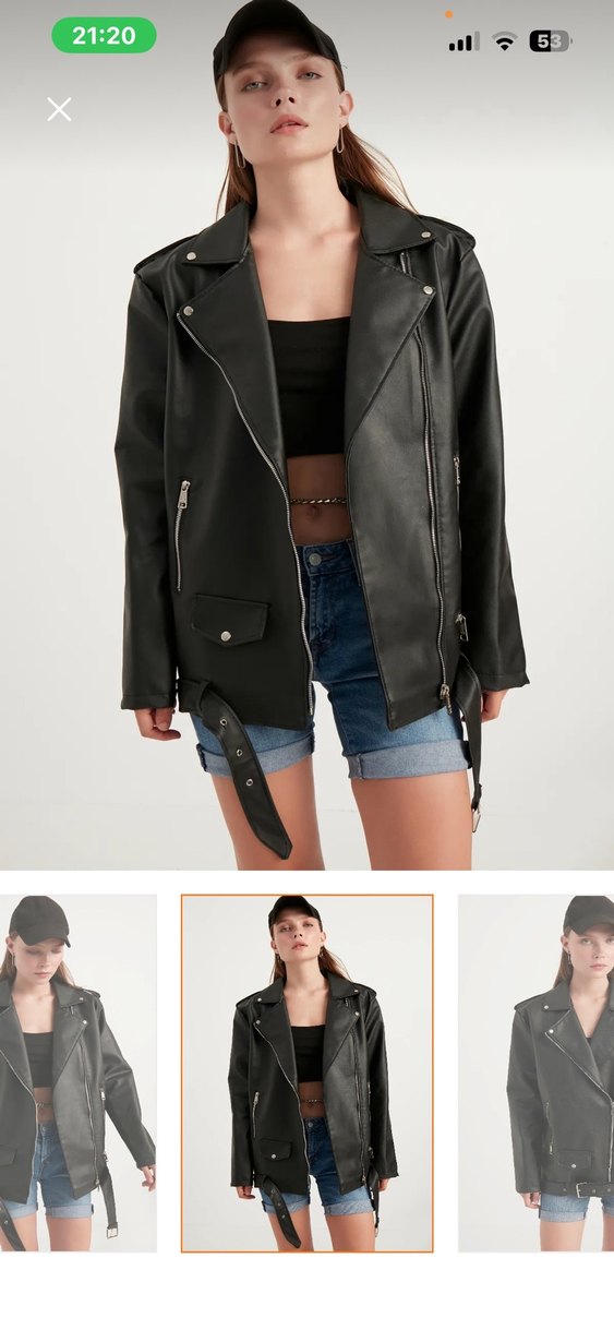 Kadın Siyah Kemerli Biker Deri Ceket - Görsel 2