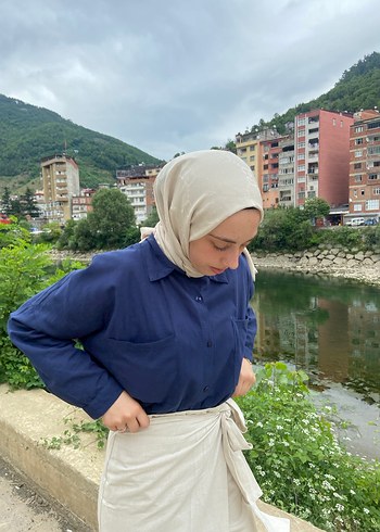 Krem Keten Uzun Drapeli Etek