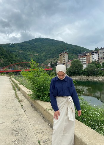 Diğer Krem Keten Uzun Drapeli Etek