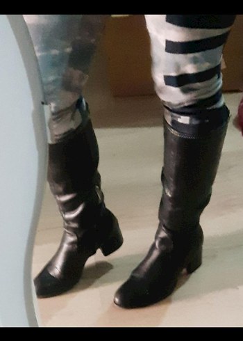 Gri Deri Dizüstü Topuklu Kadın Çizme - Görsel 2