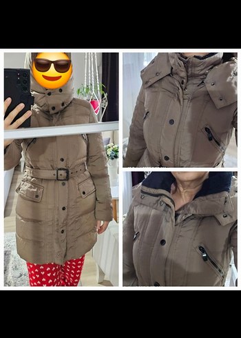 Kahverengi Kemerli Zara Kaz Tüyü Kadın Kış Montu - Görsel 8