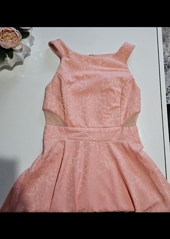 Dantel Detaylı Pembe Midi Abiye Elbise - Görsel 4