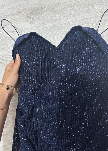 Lacivert Mini Drapeli Straplez Abiye Elbise - Görsel 6