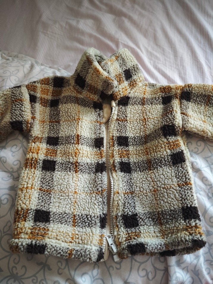 Bej Kareli Fermuarlı Peluş Hırka Kaban - Görsel 3