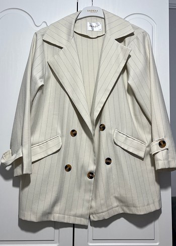 Zara Ekru Cizgili Cift Sirali Blazer Ceket