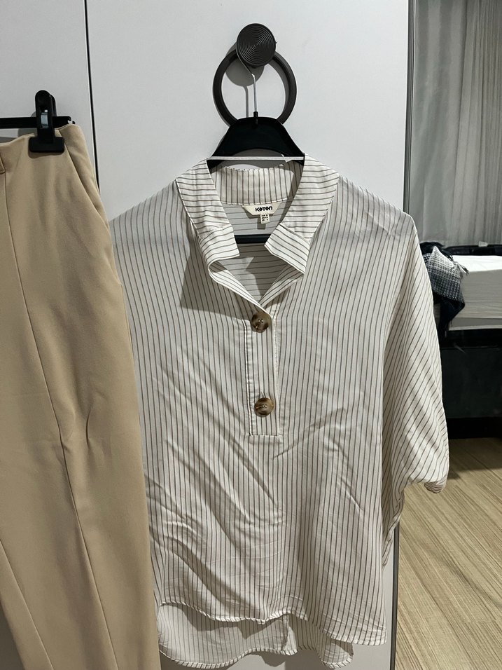 Bej Düğmeli Kadın Kumaş Pantolon ve gömlek - Görsel 4