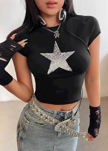Siyah Payetli Rock Punk Crop Top
