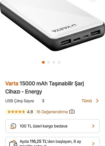 ORİJİNAL VARTA 15000 MAH HIZLI POWER BANK 