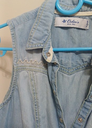 Mavi Düğmeli Kolsuz Midi Kot Elbise - Görsel 3