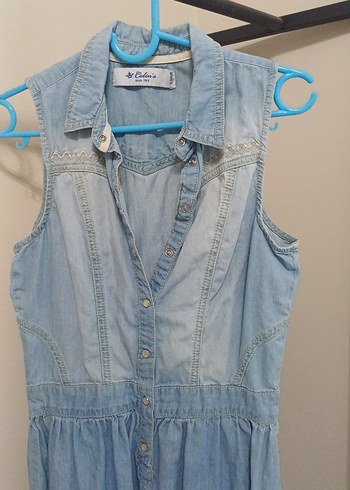 Mavi Düğmeli Kolsuz Midi Kot Elbise - Görsel 2