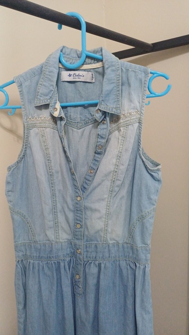 Mavi Düğmeli Kolsuz Midi Kot Elbise - Görsel 2