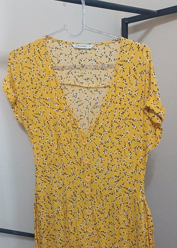 Sarı V Yaka Midi Bohem Elbise - Görsel 2