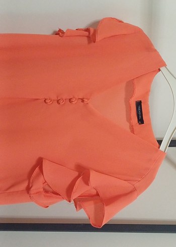 Turuncu V Yaka Düğmeli Kadın Bluz - Görsel 2