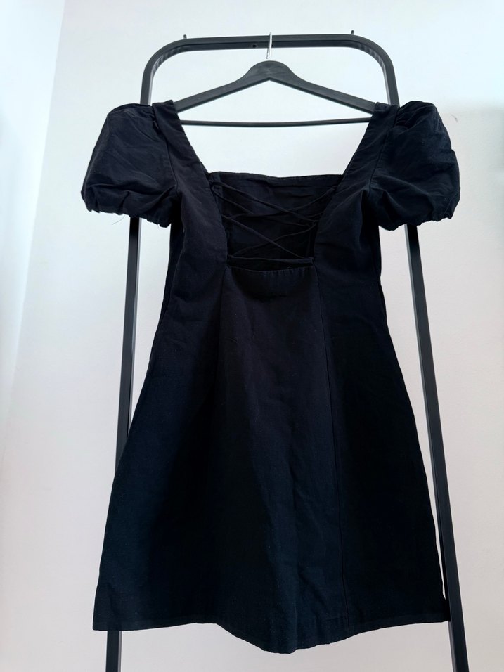 Siyah V Yaka Drapeli Mini Elbise - Görsel 2