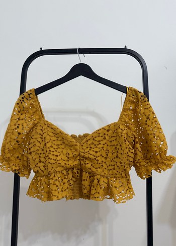 Sarı İşlemeli Dantelli Bohem Mini Bluz - Görsel 2