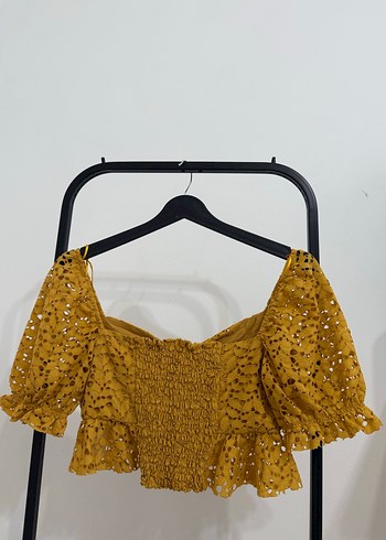 Sarı İşlemeli Dantelli Bohem Mini Bluz - Görsel 3