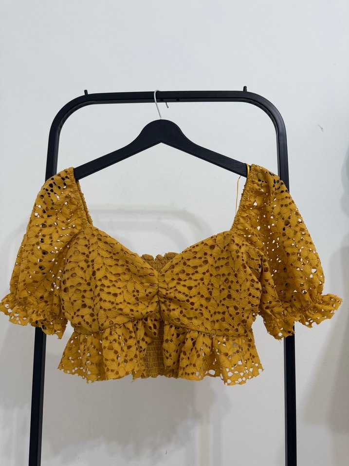Sarı İşlemeli Dantelli Bohem Mini Bluz - Görsel 2