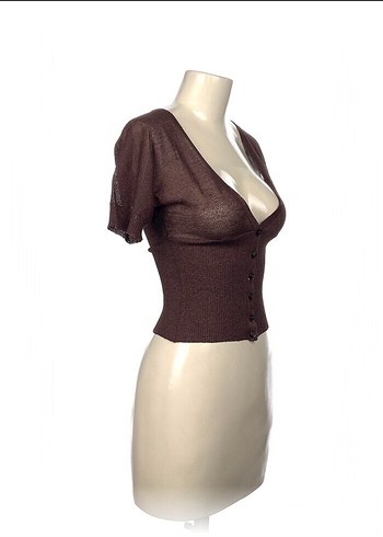 Kahverengi V Yaka Düğmeli Kısa Kollu Kadın Hırka - Görsel 2