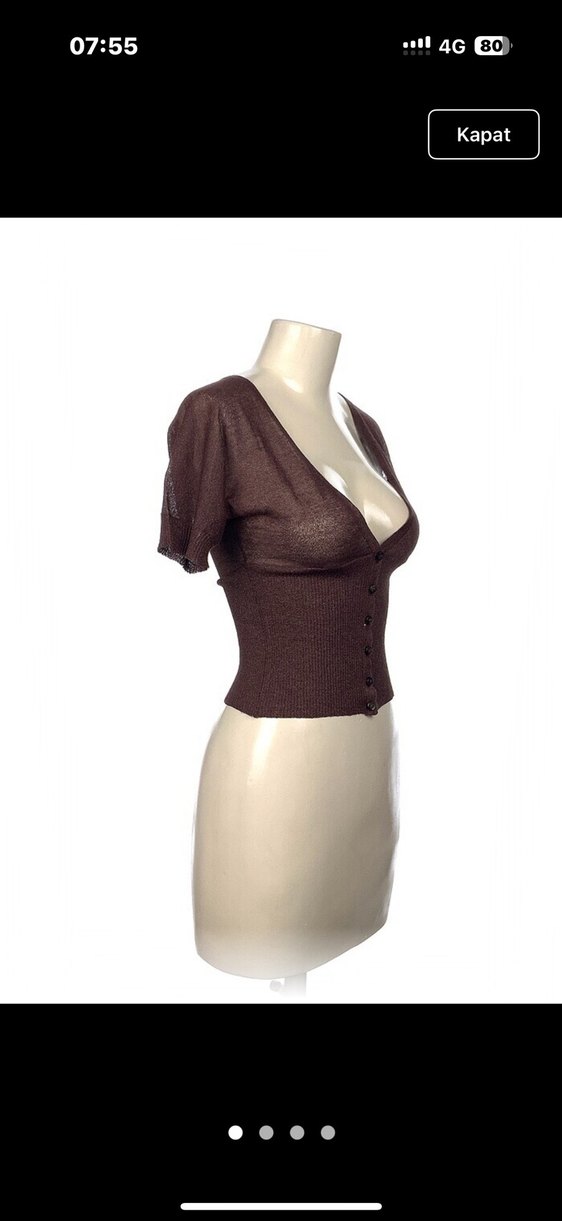 Kahverengi V Yaka Düğmeli Kısa Kollu Kadın Hırka - Görsel 2