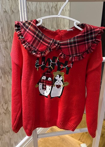 Kız Çocuk Kırmızı Nakışlı Triko Kazak - Görsel 2