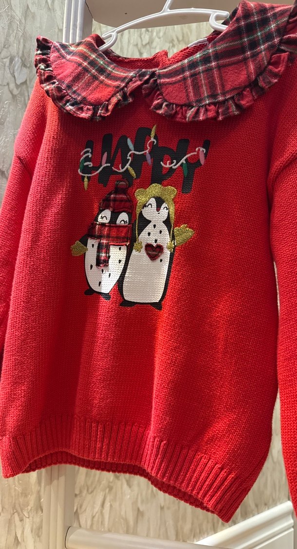 Kız Çocuk Kırmızı Nakışlı Triko Kazak - Görsel 3