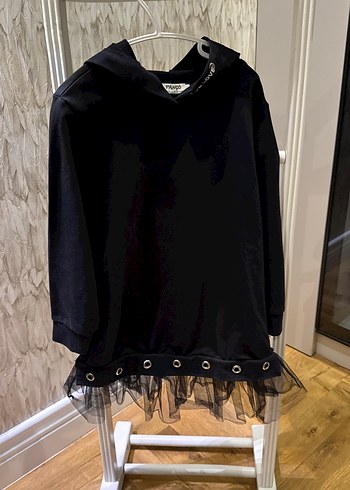 Kız çocuk Siyah Kapüşonlu Uzun Sweatshirt elbise - Görsel 2