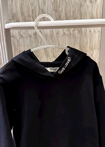 Kız çocuk Siyah Kapüşonlu Uzun Sweatshirt elbise - Görsel 4