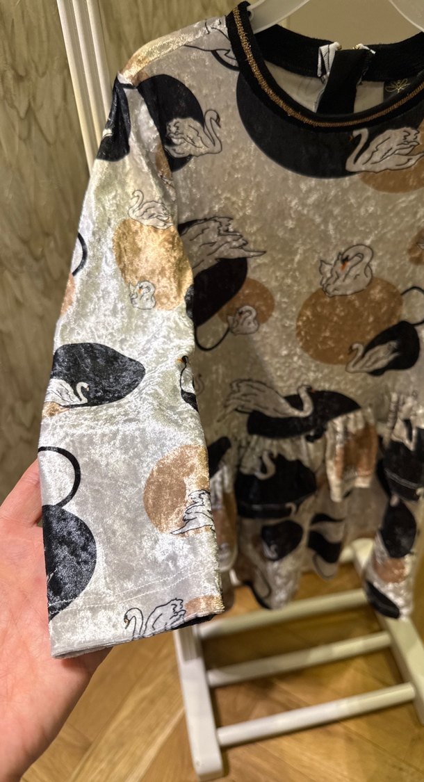 Kız Çocuk Gri Uzun Kollu Desenli Elbise - Görsel 3