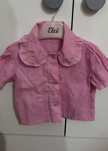Kız Çocuk Pembe Keten Kısa Kollu Gömlek - Görsel 2