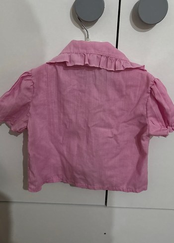 Kız Çocuk Pembe Keten Kısa Kollu Gömlek - Görsel 3