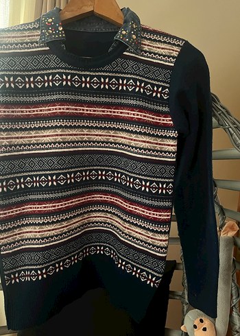 Taşlı Gömlek Yakalı Triko Kazak - Görsel 4