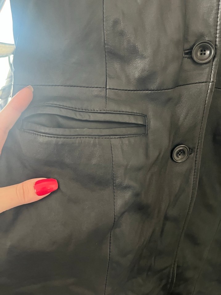 Düğmeli Siyah Deri Kadın Ceket - Görsel 4