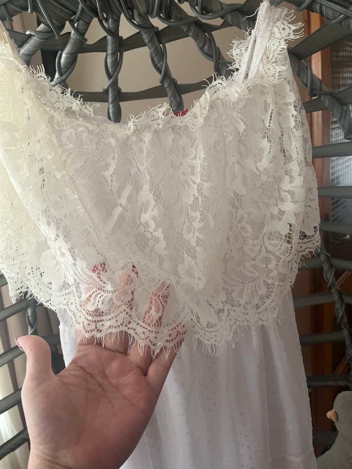 Dantel Detaylı Beyaz ve Ekru Bohem Elbise - Görsel 2