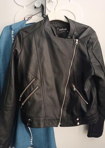 Siyah Parlak Deri Biker Ceket
