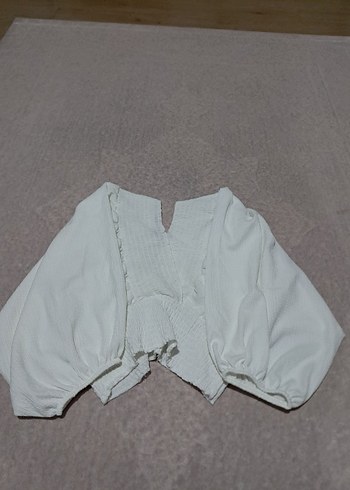 Beyaz V Yakalı Uzun Kollu Denim Bluz - Görsel 3