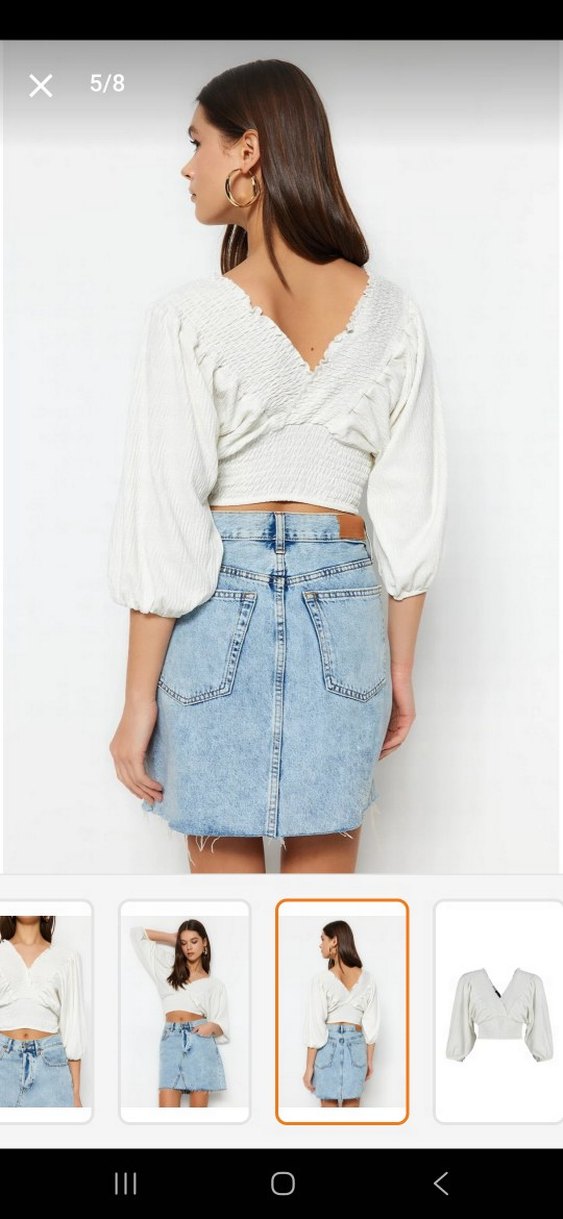 Beyaz V Yakalı Uzun Kollu Denim Bluz - Görsel 2