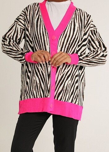 Kadın oversize rahat kalıp zebra desenli çelik örgü triko hırka 