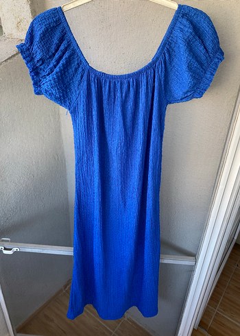 Mavi Keten Uzun Salaş Bohem Elbise - Görsel 2