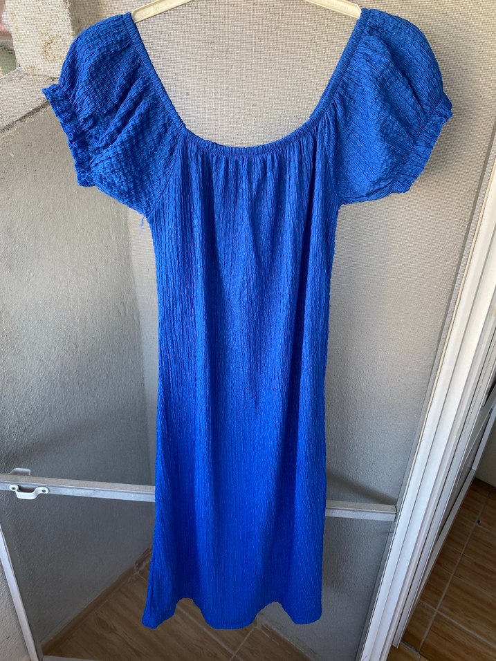 Mavi Keten Uzun Salaş Bohem Elbise - Görsel 2