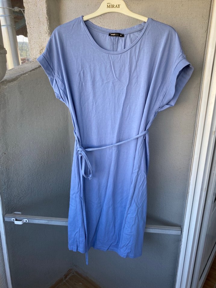 Mavi Tie-Dye Kısa Kollu Midi Elbise - Görsel 2