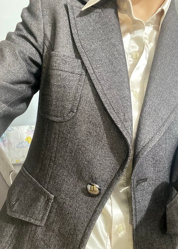 Gri Düğmeli Kadın Blazer Ceket pantalon takım - Görsel 3